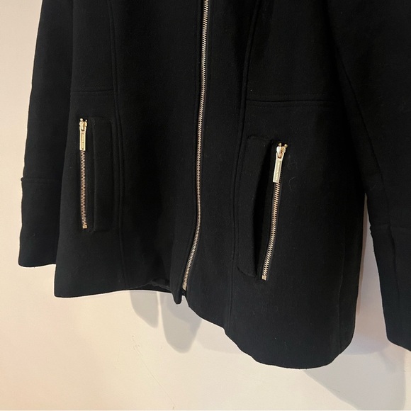 Michael Kors Black Wool Parka Fur Hood Coat Gold Hardware Size 14 Mid Length - Picture 5 of 14